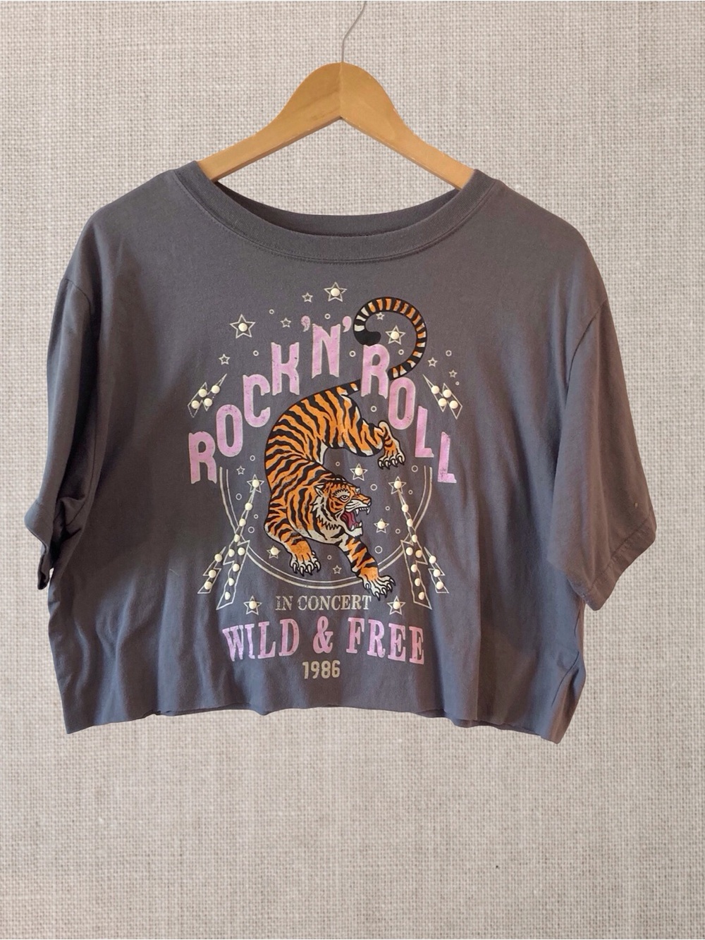 Modern Lux Rock N Roll Tiger Crop Tee | Charcoal Gray | Size L